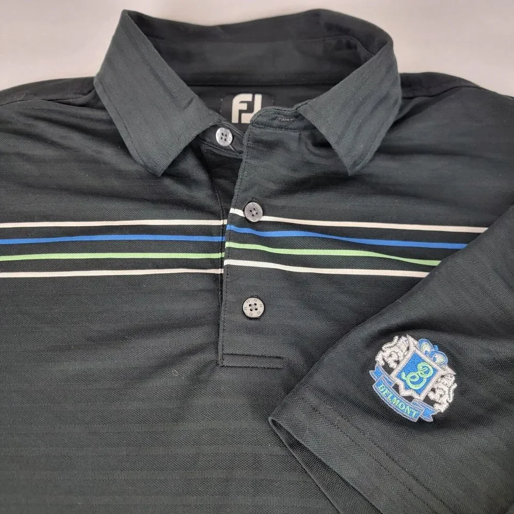 FootJoy FJ Golf Polo Men's L Golf Logo Black Striped Belmont Stretchy Casual